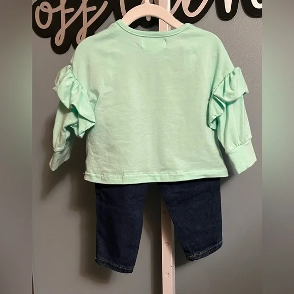 Marie Nicole Stay Wild Mint Green Leopard Ruffle Shirt and Distressed Jean Set - Picture 4 of 8